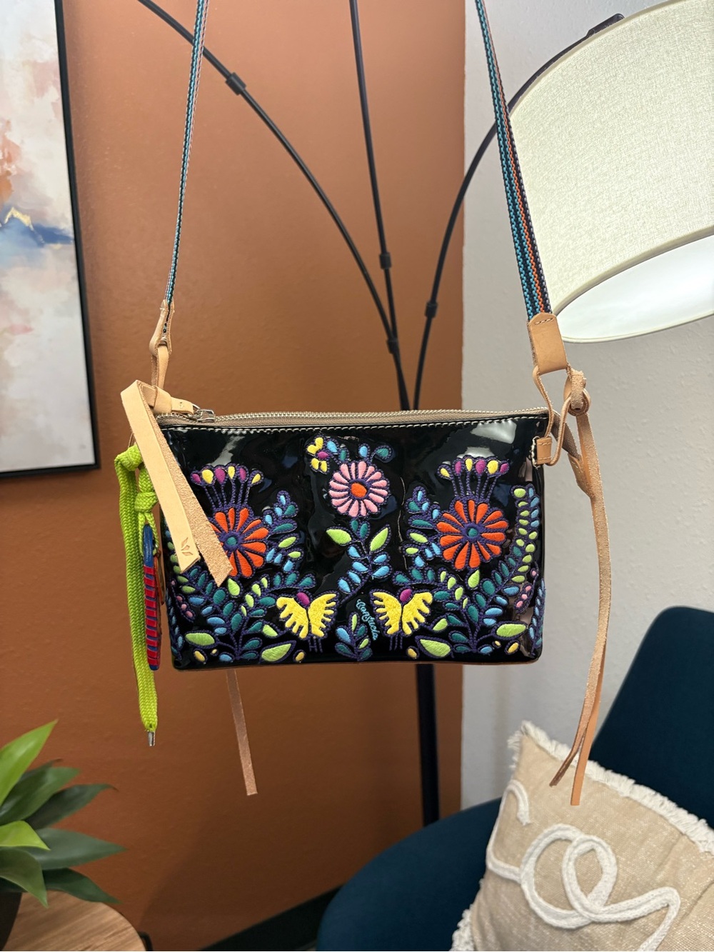 Consuela Tía Embroidered Floral Crossbody Bag in Black